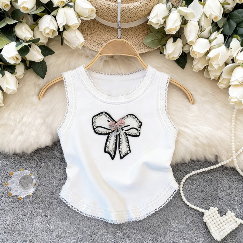 White Lace Trim Rhinestone Bow - Cami Top Lace ulasan dan harga